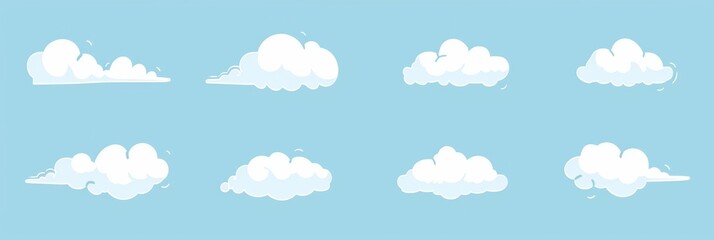 vibrant set of eight cartoon-style cloud illustrations on a blue background, adding a fun and whimsical element to any creative design.