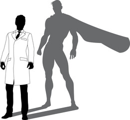 A superhero male scientist, engineer, doctor or teacher in a lab white coat man. Revealed by his shadow silhouette as a super hero in a cape.