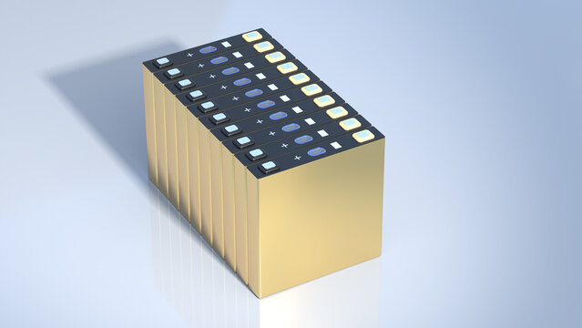 LFP cell, NMC Prismatic battery's, mass production accumulators high power and energy for electric vehicles, 3d rendering