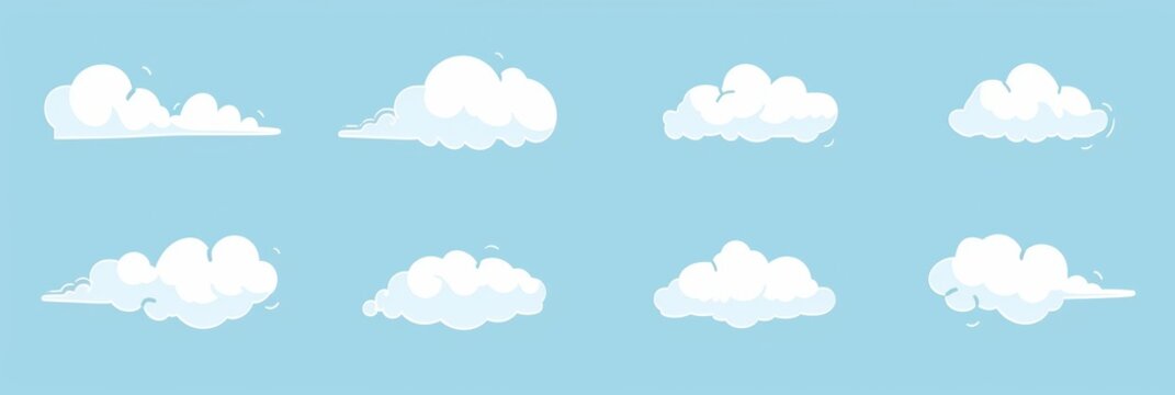 vibrant set of eight cartoon-style cloud illustrations on a blue background, adding a fun and whimsical element to any creative design.