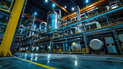 Obraz premium Industrial and Manufacturing Engineers and technicians working in industry refinery or power plant with blurred lights and structures in the background