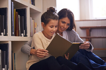 Bookshelf, mother and girl with reading on floor, language and help for studying with education. Mom, daughter or child with story with literature, fantasy or development for learning at family house