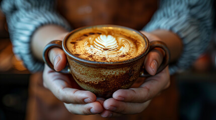 a cup of latte art in hand