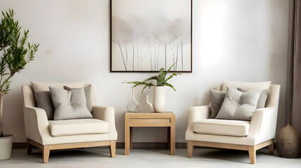 The farmhouse interior design of a modern living room features an armchair and sofa near a beige wall with a frame.