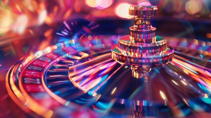 Close-up of a neon-lit roulette wheel with colorful light streaks suggesting motion and excitement