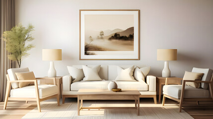 The farmhouse interior design of a modern living room features an armchair and sofa near a beige wall with a frame.
