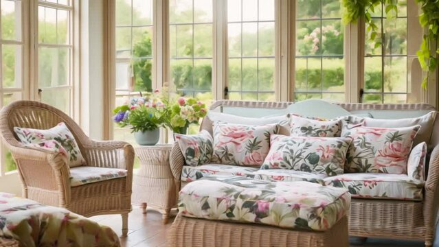 Cottage conservatory room decor, interior design and house improvement, garden furniture with sofa and home decor, English country house style