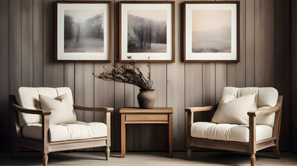 The farmhouse interior design of a modern living room features an armchair and sofa near a beige wall with a frame.