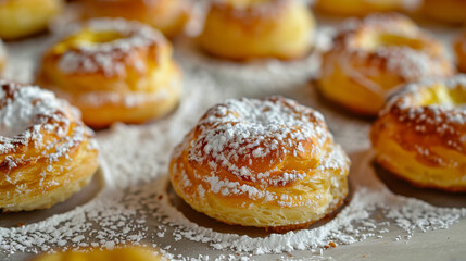 Several small, yellow pastries sprinkled with powdered sugar. Their delicate, ruddy skins and delicate, white spots of sugar create an appetizing sight.