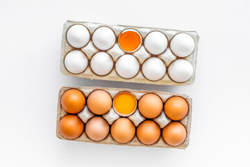 Farm products with eggs on white background top view
