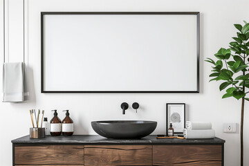 Contemporary bathroom featuring a black stone sink, wooden vanity, large mirror, and green plant, combining natural elements with modern design.
