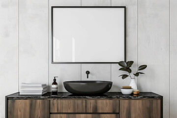 Fototapeta premium Modern bathroom interior with black sink, blank horizontal poster, and wooden countertop. Minimalist decor with potted plant, towels, and toiletry items on a marble surface. Flat lay mockup photograph