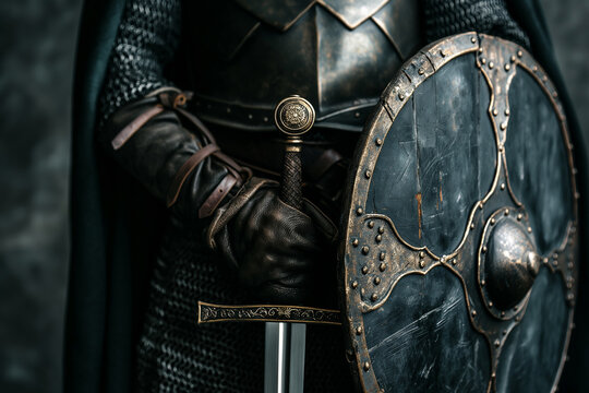 Medieval knight with sword and shield, close-up
