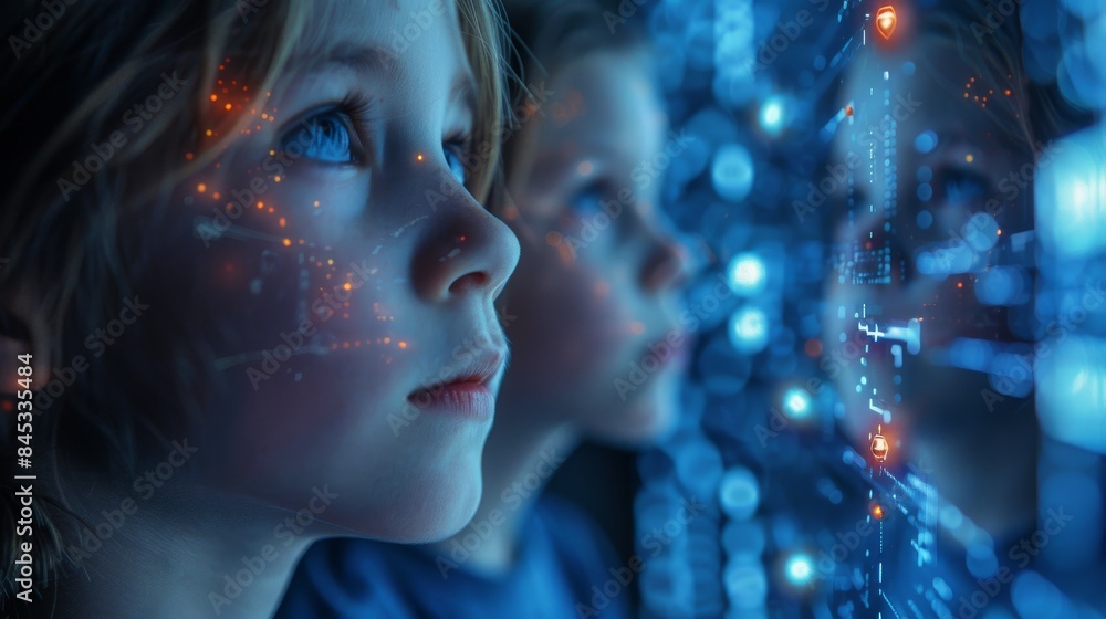 Poster a person is engaging with a futuristic digital interface with graphics and data visualizations, sugg