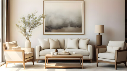 Fototapeta premium The farmhouse interior design of a modern living room features an armchair and sofa near a beige wall with a frame.