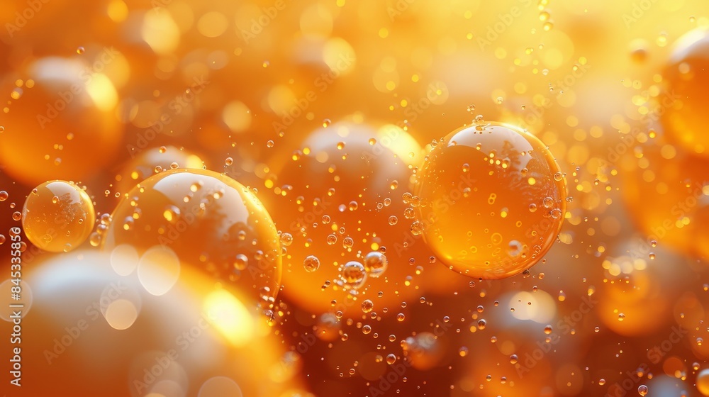 Poster a macro image capturing numerous translucent orange bubbles, creating a bright and lively bokeh effe