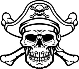 A pirate skull and crossbones jolly roger grim reaper cartoon wearing captain a hat and eye patch
