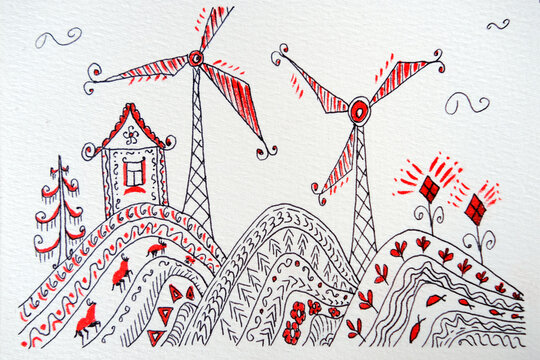 hand drawn zentangle patterns, meditative way of painting, windmills, ecology patterns and shapes, zentangle art, therapy drawing for relaxation, mental health supportive care, creative development