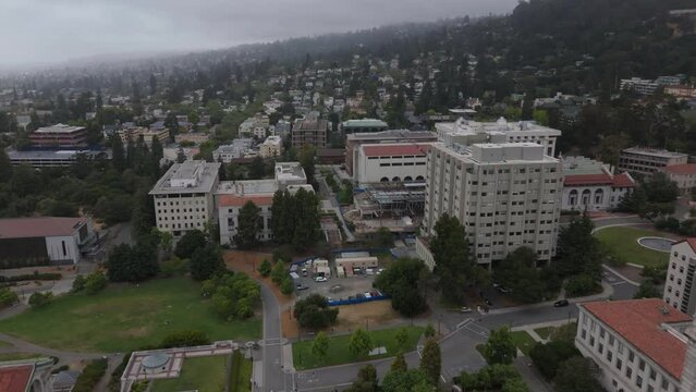 another aerial view of UC Berkeley campus flying backward past Campanile tower