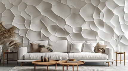 The modern interior is dominated by an elegant white sofa, a wooden coffee table and a 3D textured wall. The combination of white and warm wood creates a harmonious and cozy space.