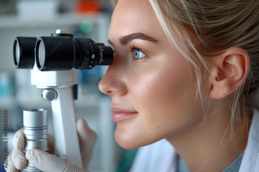 Poster a focused scientist in a lab coat examines a sample using a precision microscope with adjustable opt
