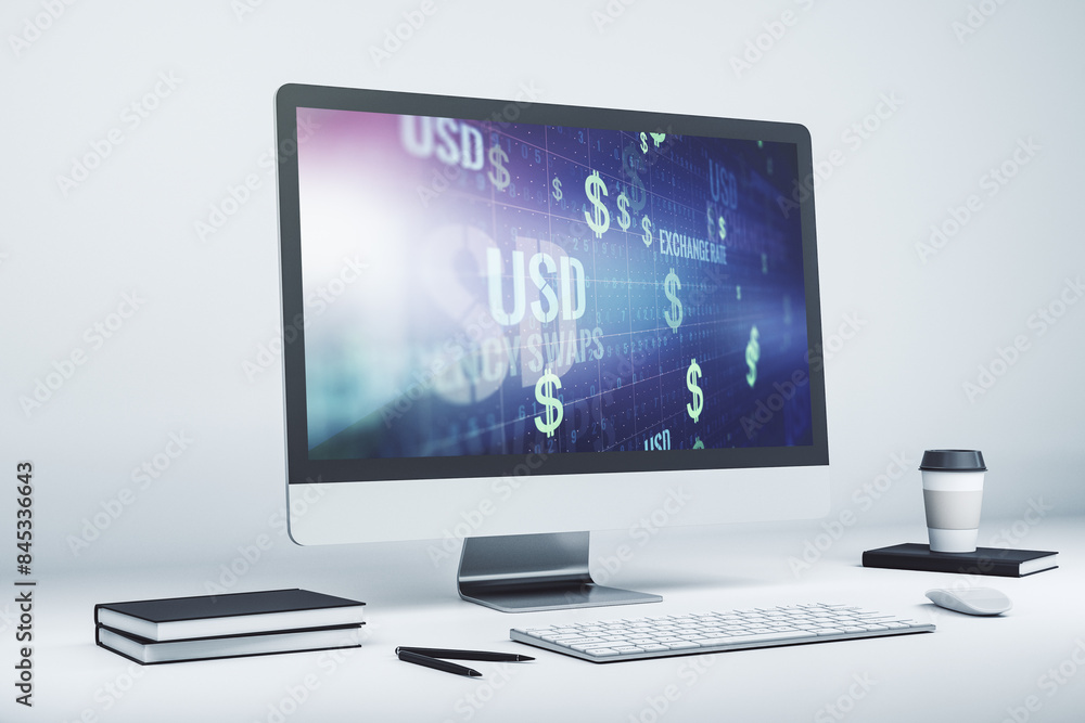 Aufkleber modern computer monitor with creative usd symbols hologram. banking and investing concept. 3d render