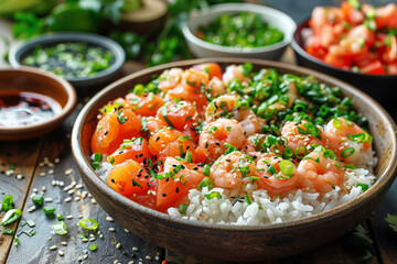 Colorful poke bowl with salmon, shrimp, rice, and fresh vegetables, garnished with sesame seeds and green onions, perfect for healthy eating and food photography.