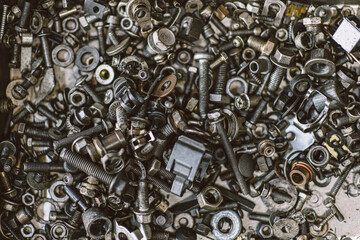 Nuts and bolts, Closeup dirty oil grunge old used nut bolt tools in garage workshop hardware for...