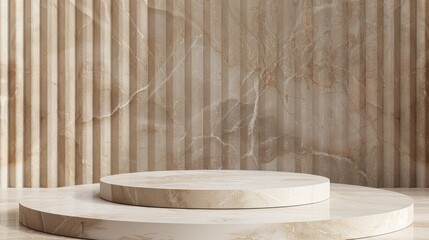 Square stone circle platform with a striped brown backdrop for showcasing products