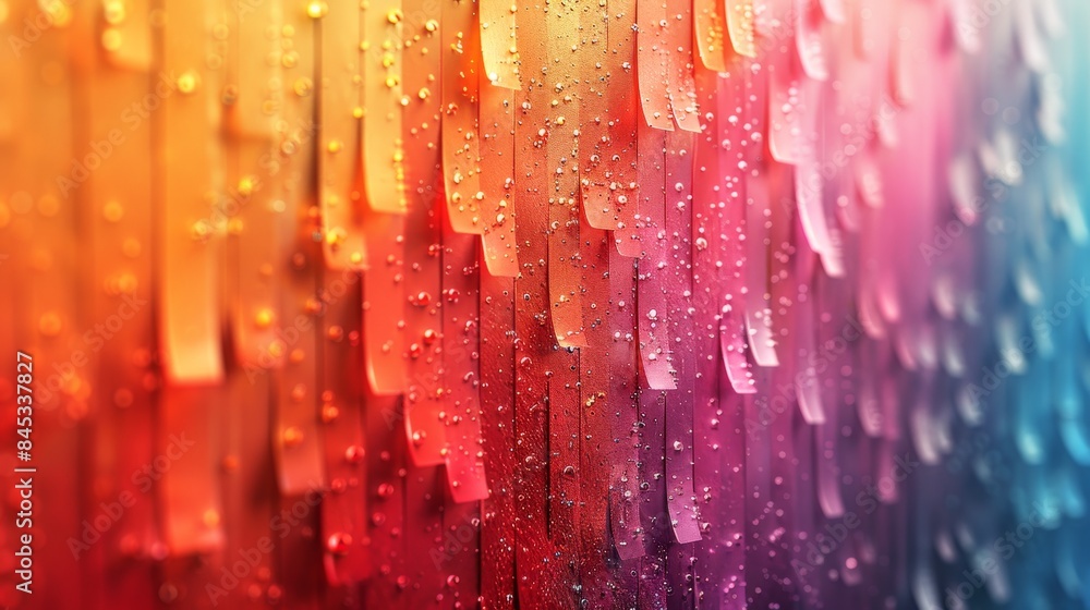 Aufkleber streaks of vibrant colors on window blinds with shimmering raindrops creating a textured effect