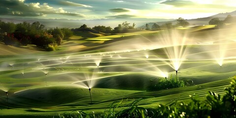 Innovative Sprinkler System Enhances Golf Course Maintenance. Concept Golf Course Maintenance, Innovative Sprinkler System, Water Conservation, Efficient Irrigation, Technology in Landscaping