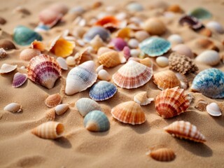 Background for summer holidays Colored seashells on beach