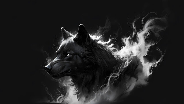 Black wolf in a cloud of white smoke