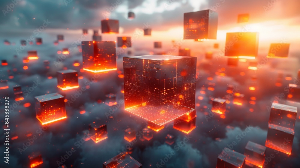 Poster stunning visual of abstract cubes with a fiery core floating in a digital space with a red and orang