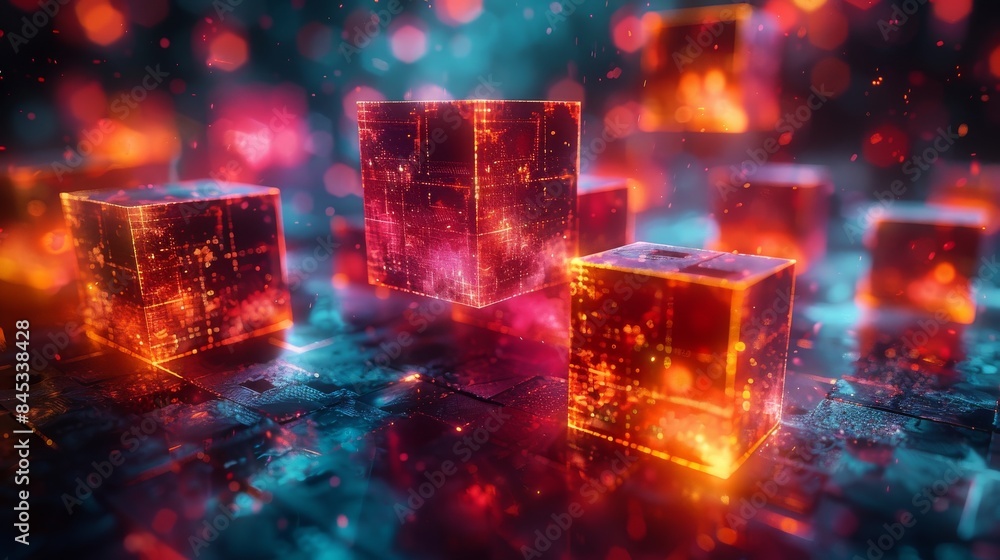 Canvas Prints Abstract concept of glowing neon cubes in a dark space with bokeh lights and futuristic feel