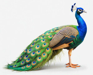 Obraz premium A majestic peacock standing tall, displaying its full array of vibrant green and blue tail feathers. Its elegant posture and detailed plumage create a stunning visual impact.