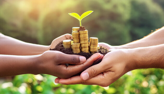 green economic development concept, two people hand holding a stack of gold coin with soil and a sprout of green plant come out in the top with bokeh blurry background