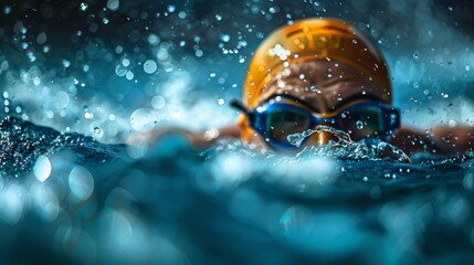 A competitor in a swimming pool makes a splash, with blurred face and dynamic water droplets highlighting the action
