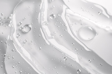 Close-up texture of cosmetic gel, macrophotography of facial serum with air bubbles.