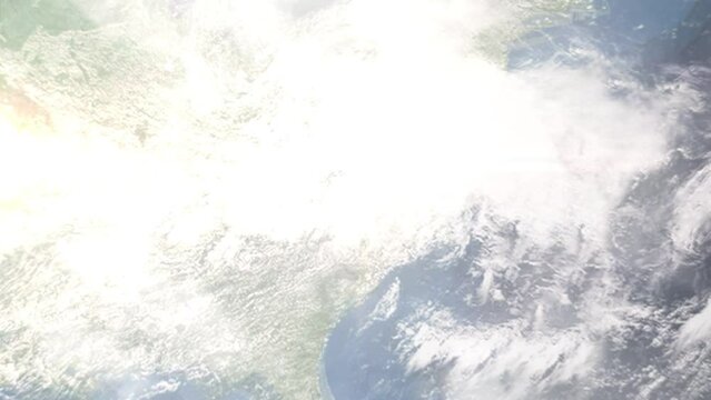 Earth zoom in from space and focus on Thomasville, North Carolina, USA. Background for travel intro or blog. Satellite view. 3D style Animation. Images from NASA.