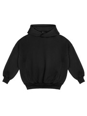 Black cotton hoodie sweatshirt with long sleeves, pocket, mockup, isolated on white background, flat lay, front view. Clothes template for advertising, design, branding, text, print.