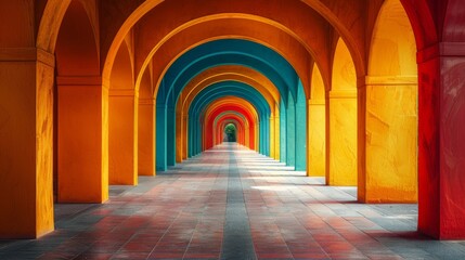 Obraz premium A captivating view of a hallway with colorful arched ceilings in a rainbow pattern leading to a serene vanishing point
