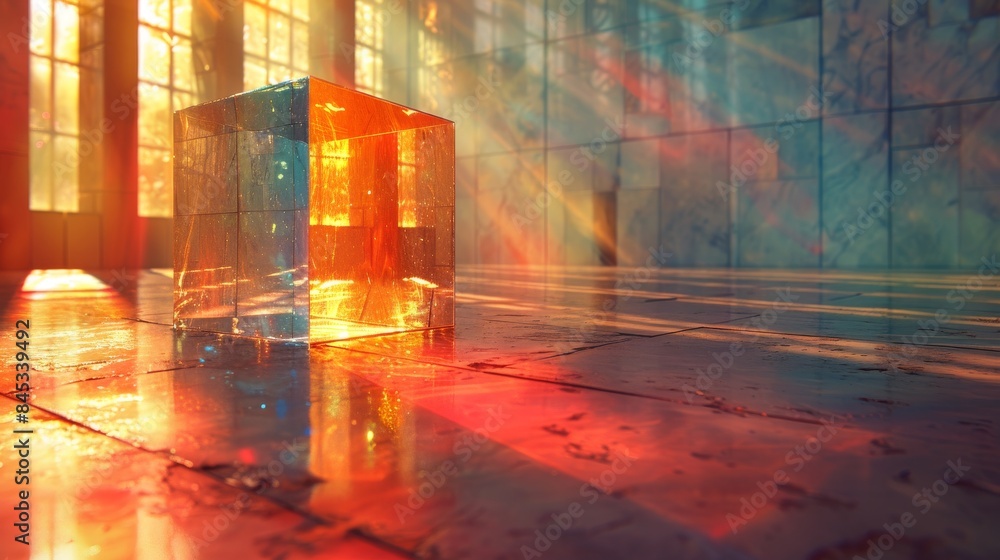 Poster a vibrant orange cube sits on a reflective surface with colors refracting through it amidst soft win