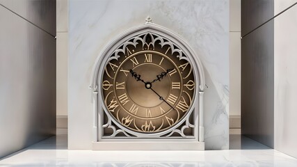 A clock with gold hands and roman numerals on it.