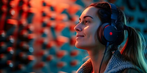 Woman in soundproof room getting ready for professional vocal recording. Concept Vocal Recording, Professional Setup, Soundproof Room, Female Artist, Preparation