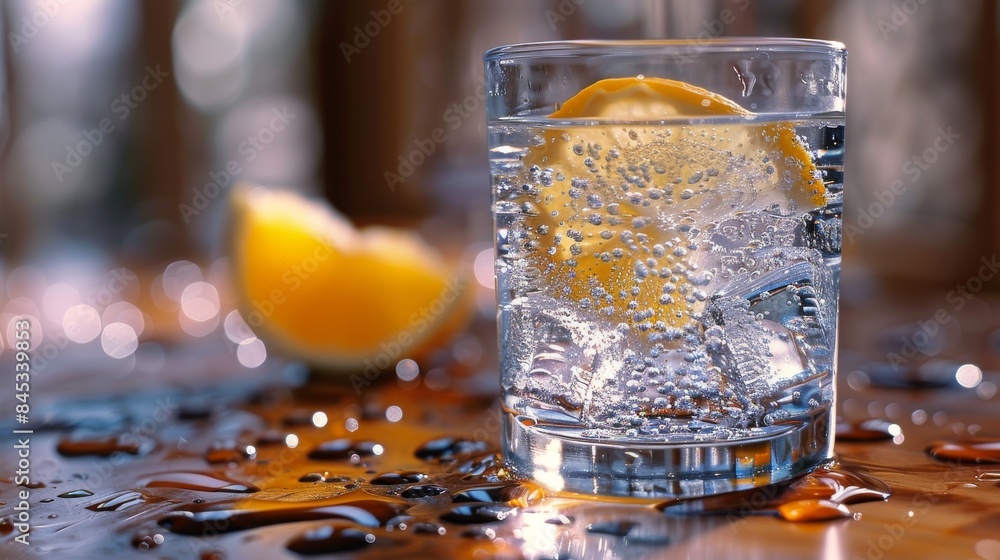 Poster an atmospheric shot of sparkling water with a lemon slice, highlighted by the bokeh effect in the ba