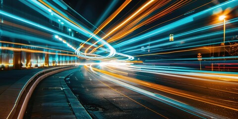 The highway comes to life in a blur of motion and light as cars streak past leaving behind a mesmerizing trail of vibrant colors.