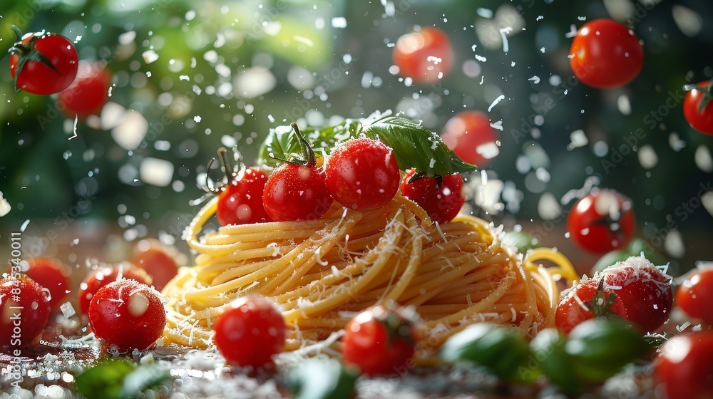 Poster a vibrant capture of spaghetti with cherry tomatoes, fresh basil, and a sprinkle of cheese in a dyna