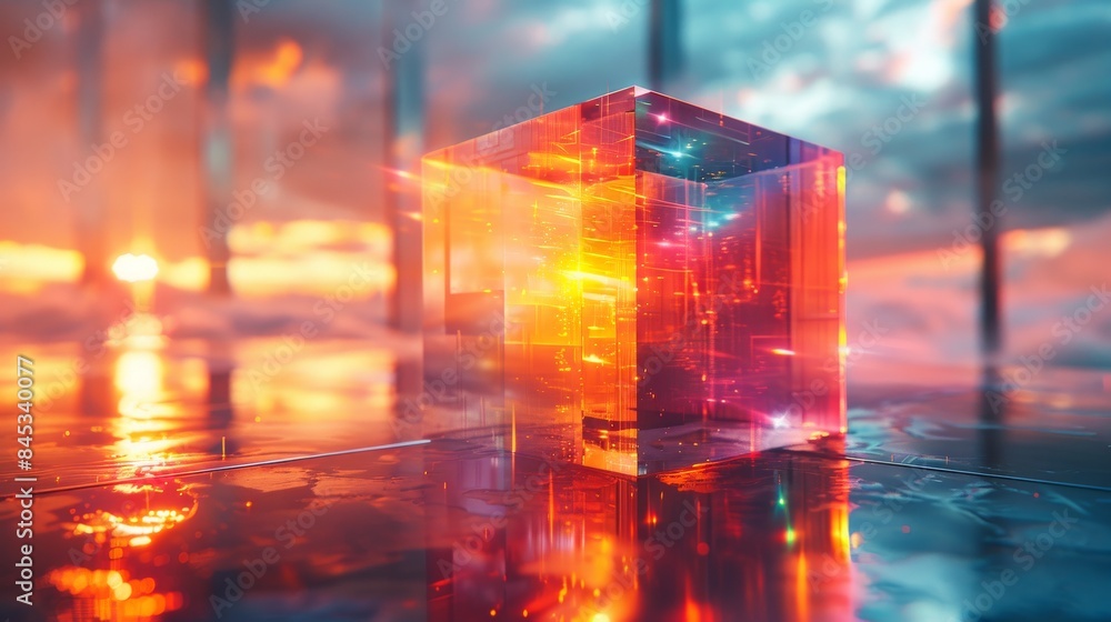 Poster digitally generated image of a glowing cube with intricate cyber pattern, reflecting onto a shiny su