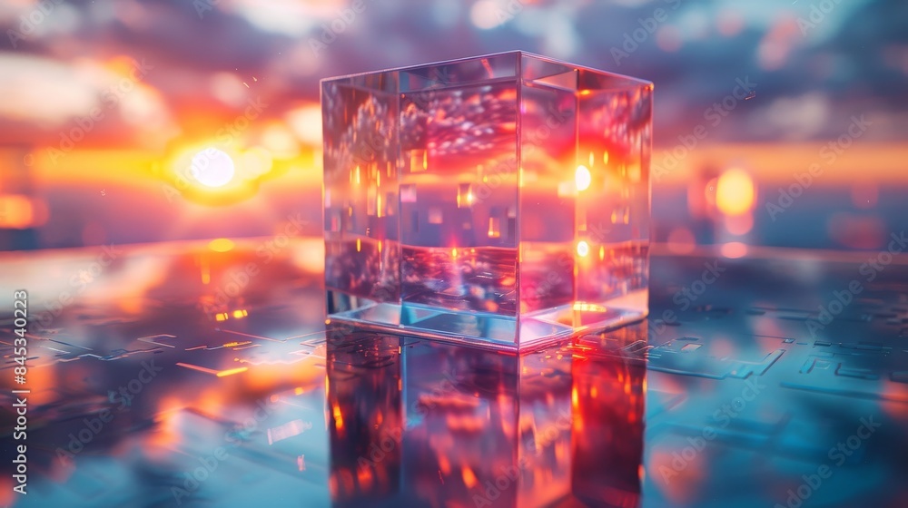 Poster a translucent cube captures the essence of the sky with internal light diffusing through its structu